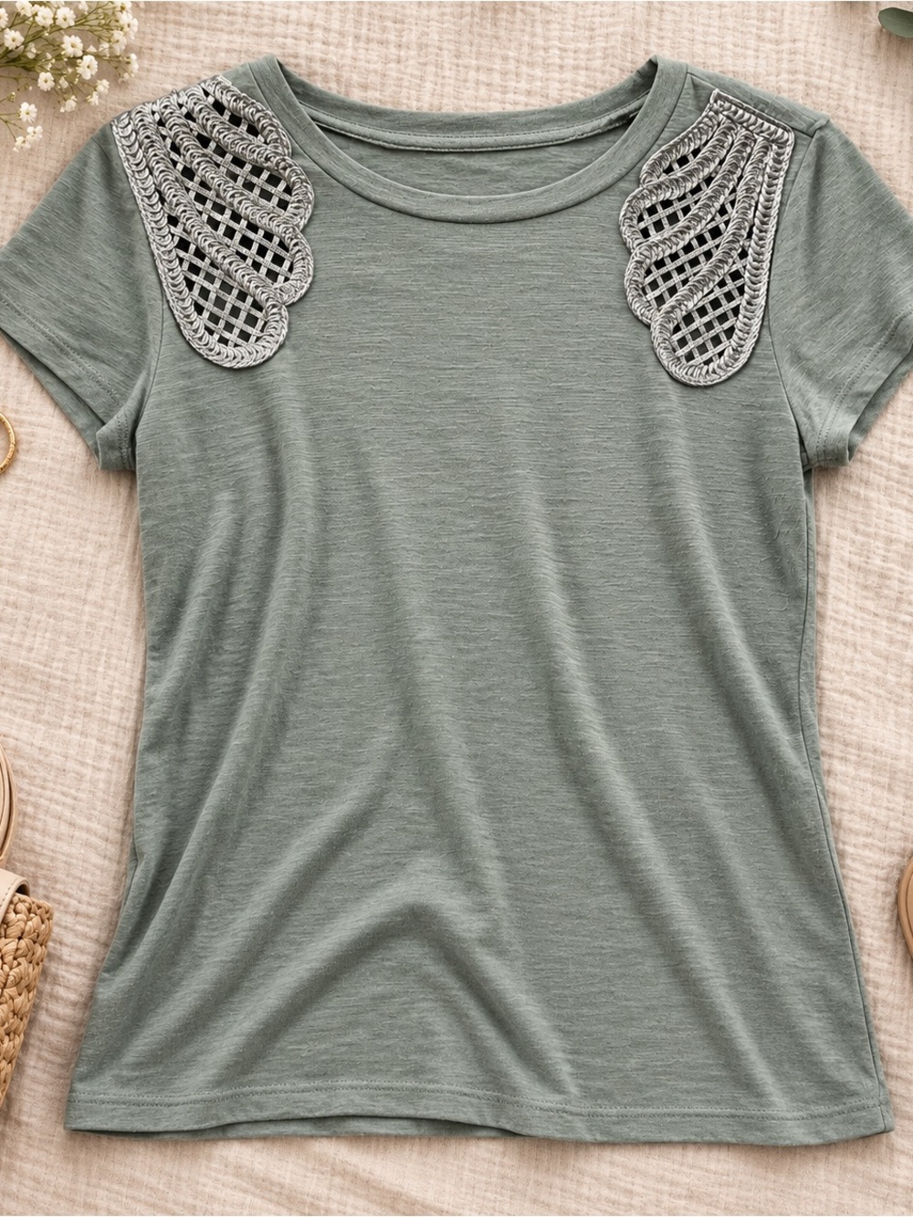 Women's Sage Green Short Sleeve Top with Crochet Shoulder Detail